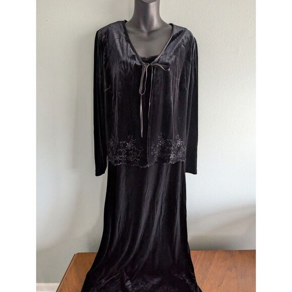 Vtg 90s Whimsigoth Black Velour Maxi Dress Set 12 Tie Front Topper Embroidery Ve - Picture 2 of 11
